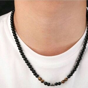 Black Beaded Necklace with Tiger Eye &  Silver Accents